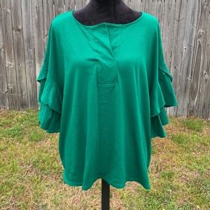 WORTHINGTON Holiday Green Plus Ruffle Sleeve Top 0X